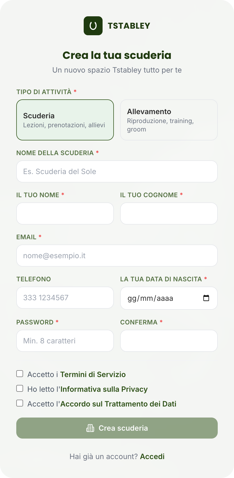 La pagina di registrazione di Tstabley