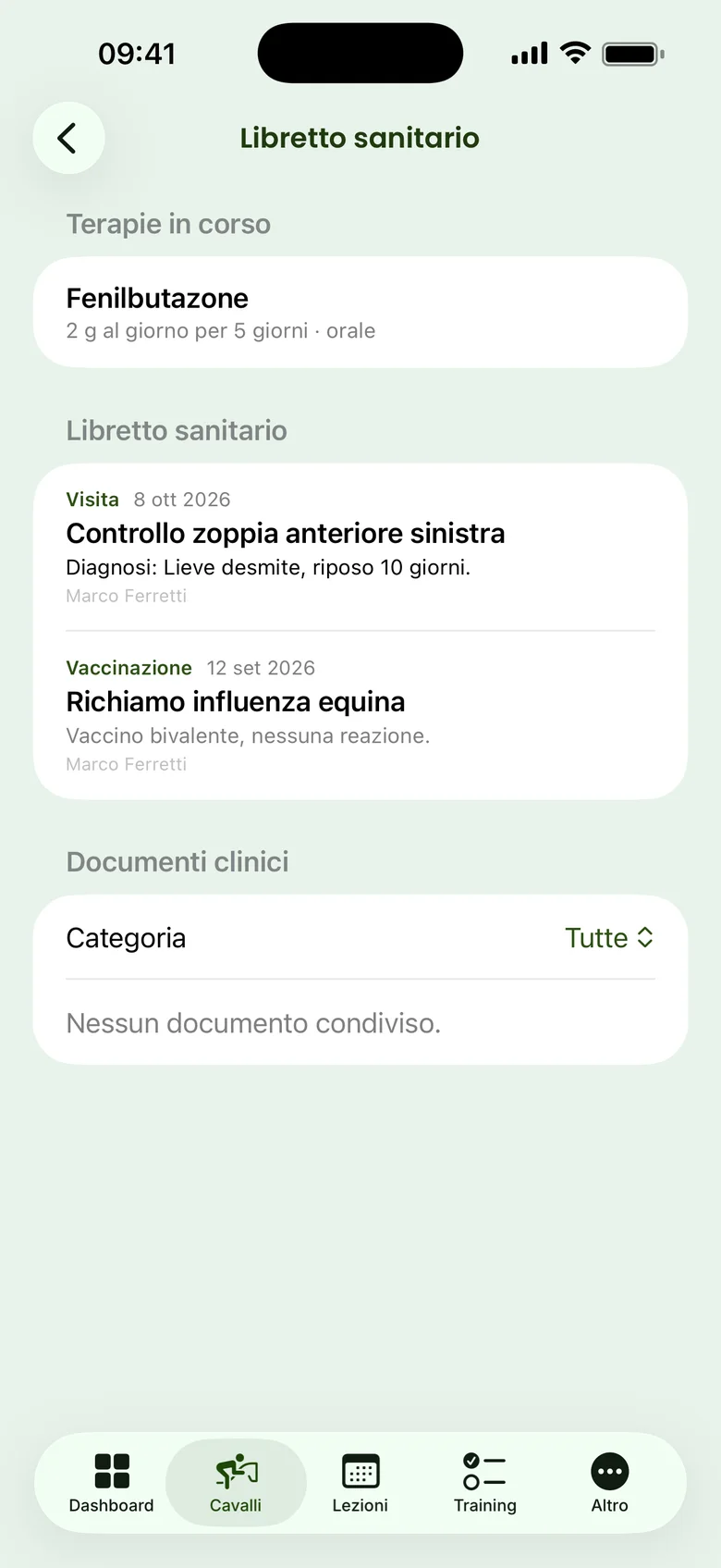 Tstabley: libretto sanitario visto dalla scuderia — schermata reale