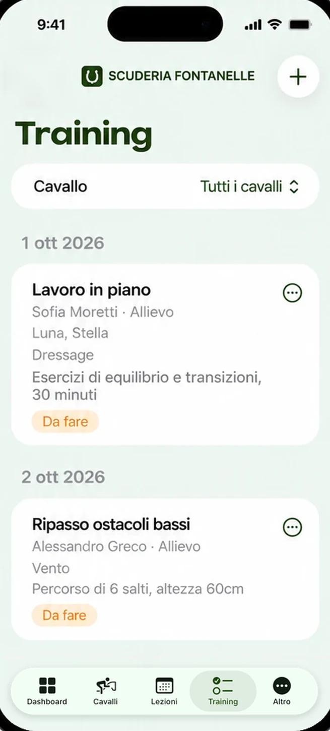 Training: lavori assegnati — schermata reale dell'app